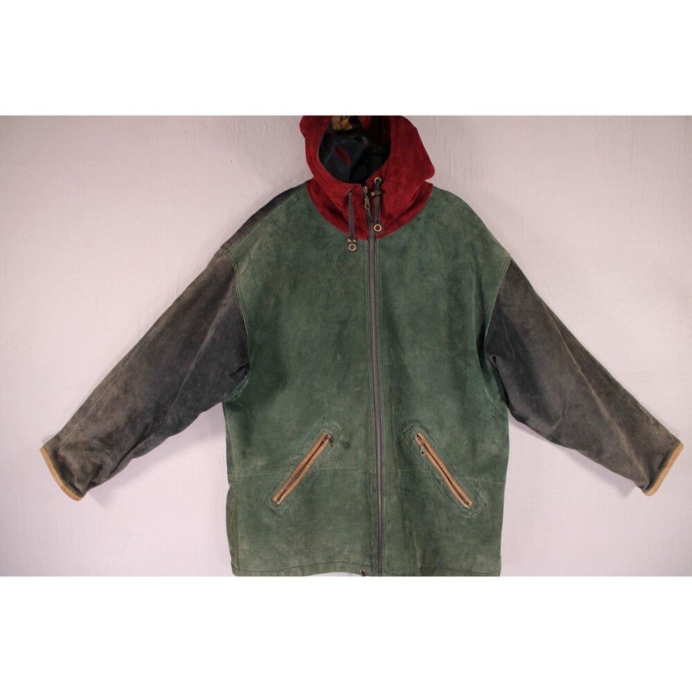 Vintage 90s East West Colorblock Suede Leather Hooded Parka Jacket Men's Medium